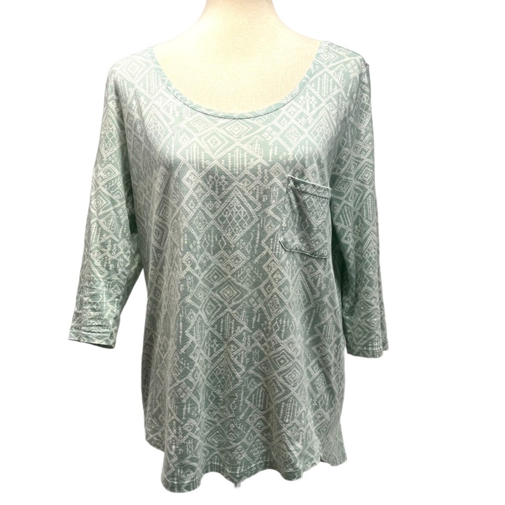 Peruvian Connection Light Green Printed Pima Cotton Bateau Neck Top Women Medium